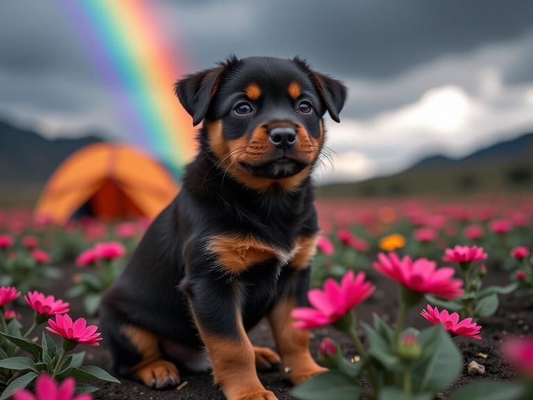 photograph, Rule of Thirds, Street level shot of a Infected Vulgar Rottweiler Puppy , inside a Rainbow Summer Camp