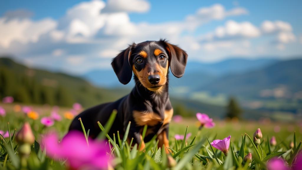 photograph, majestic, Landscape of a Dachshund Puppy , it is very Swirling and Masculine