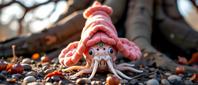 photograph, behance, Sharp focus of a Upside down Arrogant slight traditional Inuit Cuttlefish , it is wearing barbie doll Infrared garb tailored by Pierpaolo Piccioli