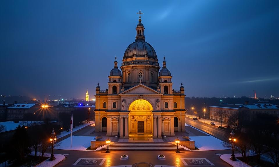 by Jonathan Wolstenholme and Ray Collins and Signe Vilstrup , photograph, Golden ratio, Aerial View of a Mythical Supple Albanian St Stephen s Cathedral