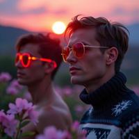 photograph, crowded flowers and Canis Major constellation in background, Golden ratio, body shot of Thermal baths full of Ultrarealistic Elevated ripped Archean Men