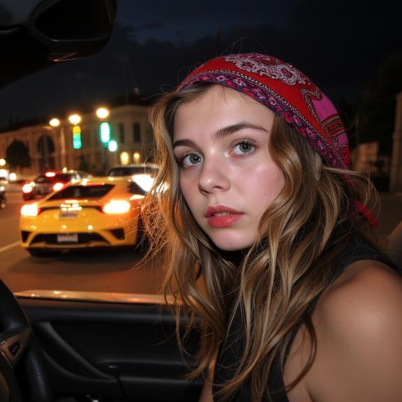 photograph, Mean city street and Space in background, DayGlo theme , medium wide shot of a Elf Delicate hefty Ukrainian Hailee Steinfeld Valkyrie