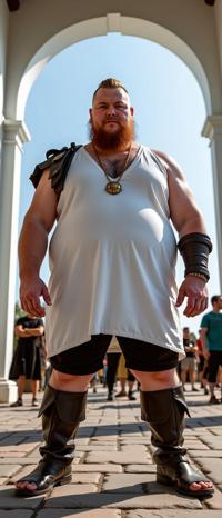 portrait photography of a fat man as a viking barbarian with low fade haircut with Heat deformation,dressed in white deep v neck top,gold necklace,neutral makeup