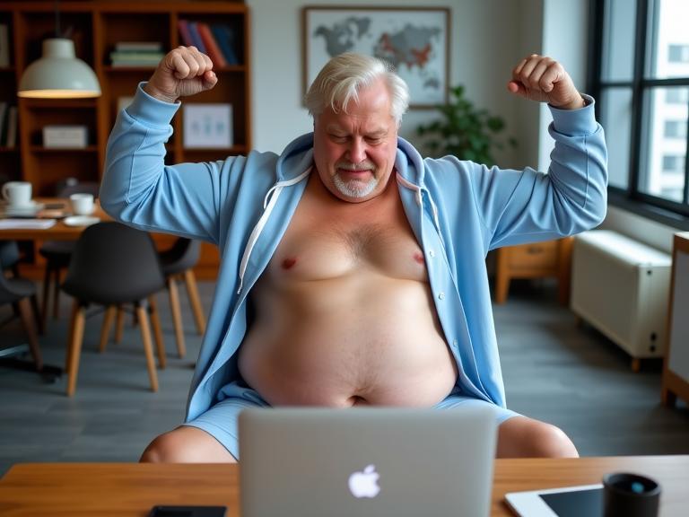 documentary photography of a slightly overweight old man as a wall street broker yuppie with beach waves hair Engaged with a laptop,reflecting a tech savvy nature ,dressed in light blue hoodie,matching shorts