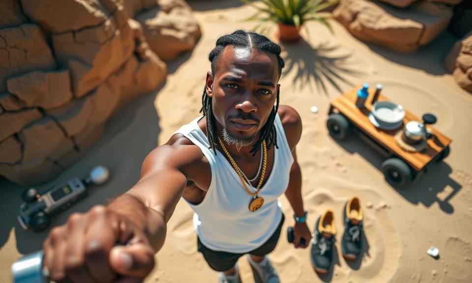 vintage photography of a flyweight old man as an artist with box braids wearing clothes with exaggerated or extreme footwear ,dressed in white deep v neck top,gold necklace,neutral makeup