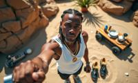vintage photography of a flyweight old man as an artist with box braids wearing clothes with exaggerated or extreme footwear ,dressed in white deep v neck top,gold necklace,neutral makeup