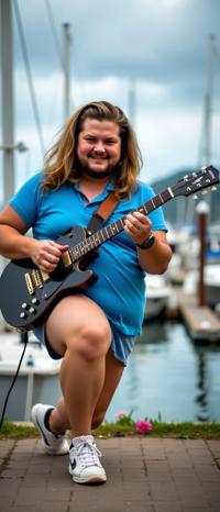portrait photography of a portly young man as a rockstar with long hair Swift guitar solo resonating with a huge crowd ,dressed in blue crop top,blue shorts,white sneakers