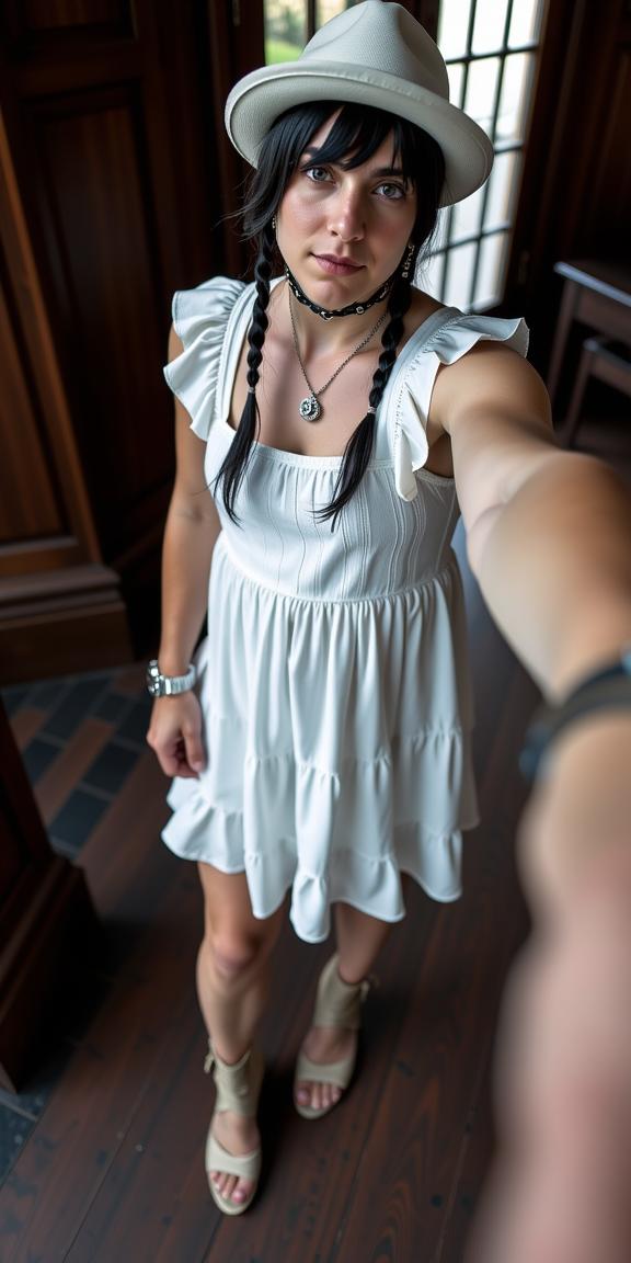 street photography of a pretty man as a black metal artist with pigtails adorned with a leg chain ,dressed in white hat,white dress,tiered ruffles