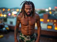 action photography of a midweight middle aged man as a character from the tv show the boys with dreadlocks Angry expression on a strikingly beautiful face ,dressed in camouflage bikini,white brown beige tones,high waisted bottoms