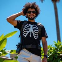 vintage photography of a flyweight middle aged man as a nerd with Afro hair Future soldier in body armor with high tech gear ,dressed in black t shirt,rib cage print,white shorts