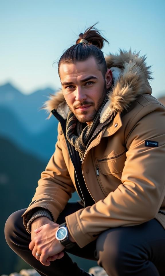 portrait photography of a buff young man as a hobo with ponytail Attire shimmering due to heat,creating a mirage effect ,dressed in fur lined hood,beige coat