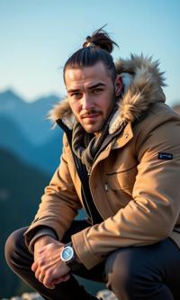 portrait photography of a buff young man as a hobo with ponytail Attire shimmering due to heat,creating a mirage effect ,dressed in fur lined hood,beige coat