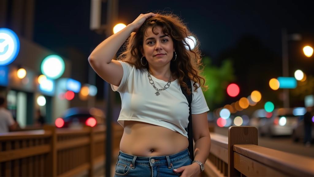 avant garde photography of a thick bodied middle aged man as a fairy godparent with very curly hair wearing tomboy clothes ,dressed in white crop top,blue jeans,silver necklace