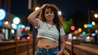 avant garde photography of a thick bodied middle aged man as a fairy godparent with very curly hair wearing tomboy clothes ,dressed in white crop top,blue jeans,silver necklace