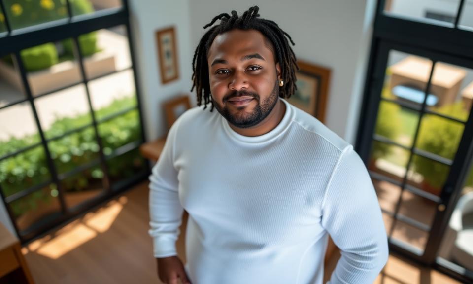 fashion photography,of a slightly overweight young man as an electrician with senegalese twist hair wearing cufflinks ,dressed in White long sleeve top,ribbed texture
