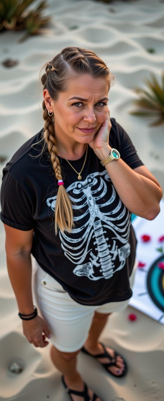 high fashion photography of a tubby middle aged woman as a warp drive mechanic with fox braids haircut wearing grunge clothes ,dressed in black t shirt,rib cage print,white shorts