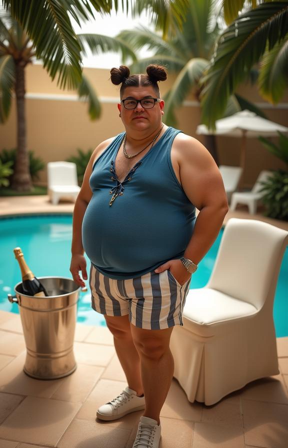 vintage photography of a flabby man as a quantum qubit quixote with bun hair In art deco style,fusing modern with lavish s embellishments ,dressed in blue tank top,textured fabric