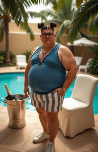 vintage photography of a flabby man as a quantum qubit quixote with bun hair In art deco style,fusing modern with lavish s embellishments ,dressed in blue tank top,textured fabric