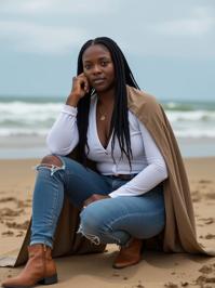 action photography of a buxom middle aged man as a elemental geologist with box braids wearing cloak ,dressed in white long sleeve top,plunging neckline,high waisted jeans