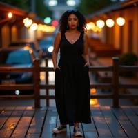 high fashion photography of a stocky woman as a priest with spiral curls hair Wearing urban fashion,blending street style with graphic tees and chunky sneakers ,dressed in black dress,double breasted
