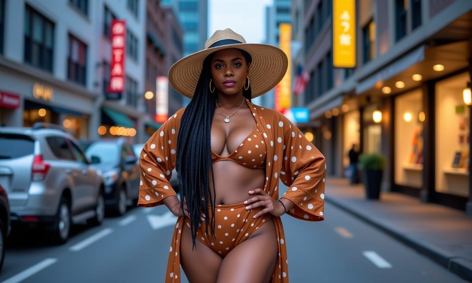 avant garde photography of a thick middle aged woman as a time weaver with box braids draped in a kimono ,dressed in brown polka dot swimsuit,wide brimmed straw hat,smooth texture