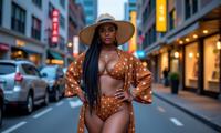 avant garde photography of a thick middle aged woman as a time weaver with box braids draped in a kimono ,dressed in brown polka dot swimsuit,wide brimmed straw hat,smooth texture