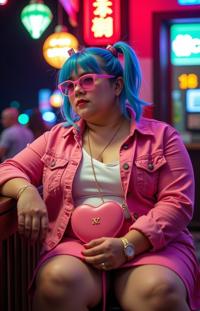 fashion photography,of a portly man as a neon netrunner with pigtails Adorned in dazzling jewels or crystals ,dressed in blue fringe haircut,pink sunglasses