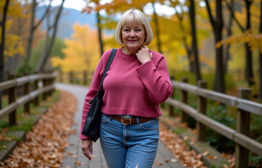 landscape photography of a thick old woman as a journalist with bob cut hair wearing full tweed set ,dressed in pink cropped top,ribbed texture,tie front detail