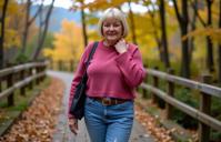 landscape photography of a thick old woman as a journalist with bob cut hair wearing full tweed set ,dressed in pink cropped top,ribbed texture,tie front detail