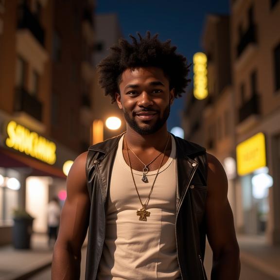 fashion photography,of a midweight middle aged man as a thiefling with Afro hair wearing leather ,dressed in white tank top,gold necklace