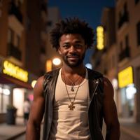 fashion photography,of a midweight middle aged man as a thiefling with Afro hair wearing leather ,dressed in white tank top,gold necklace