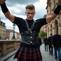 a thick young man as a elemental geologist with razor cut haircut Athletic pose in a detailed black soldier outfit,emphasizing a fit physique ,dressed in black corset top,plaid skirt