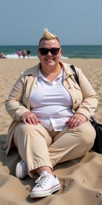 a fat woman as a thiefling with shaved sides hair wearing sunglasses ,dressed in light jacket,matching trousers,white sneakers