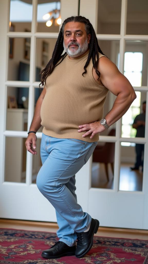 street photography of a plump old man as a non euclidean architect with dreadlocks Athletic pose in a detailed black soldier outfit,emphasizing a fit physique ,dressed in sleeveless top,beige color