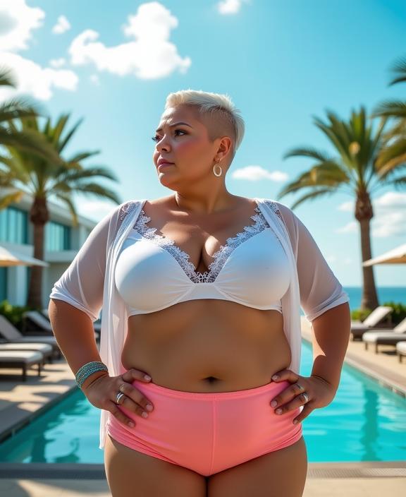 a hefty woman as a web developer with asymmetrical cut hair wearing one or multiple rings ,dressed in white top,sheer sleeves,lace details