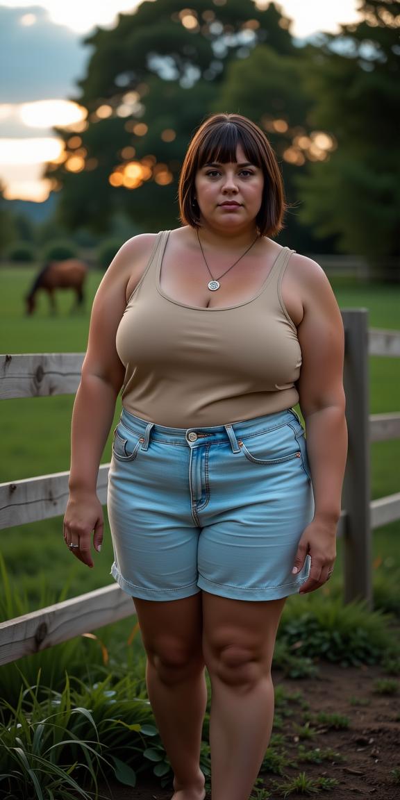 documentary photography of a overweight woman as a fashion model with princess cut hair with a pendant,a piece of jewelry that dangles gracefully from a necklace,often holding sentimental or symbolic value,dressed in sleeveless top