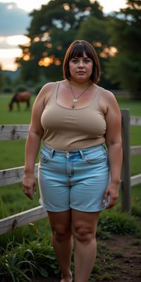 documentary photography of a overweight woman as a fashion model with princess cut hair with a pendant,a piece of jewelry that dangles gracefully from a necklace,often holding sentimental or symbolic value,dressed in sleeveless top