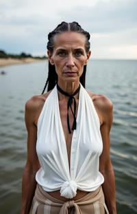 fashion photography,of a skinny old woman as a soldier with cornrows hair In layered clothing,adding depth and dimension ,dressed in white halter top