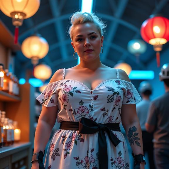 high fashion photography of a fat middle aged woman as a neural network ninja with emo haircut Tech equipped future soldier ready for battle ,dressed in white floral dress,off shoulder design,sheer fabric
