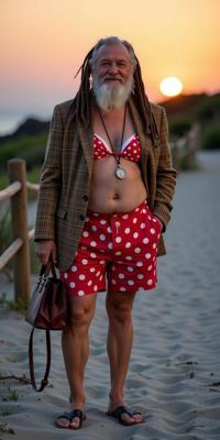 a stout old man as a priest with dreadlocks In a tweed ensemble,reflecting academia or British countryside charm ,dressed in Red bikini,white polka dots