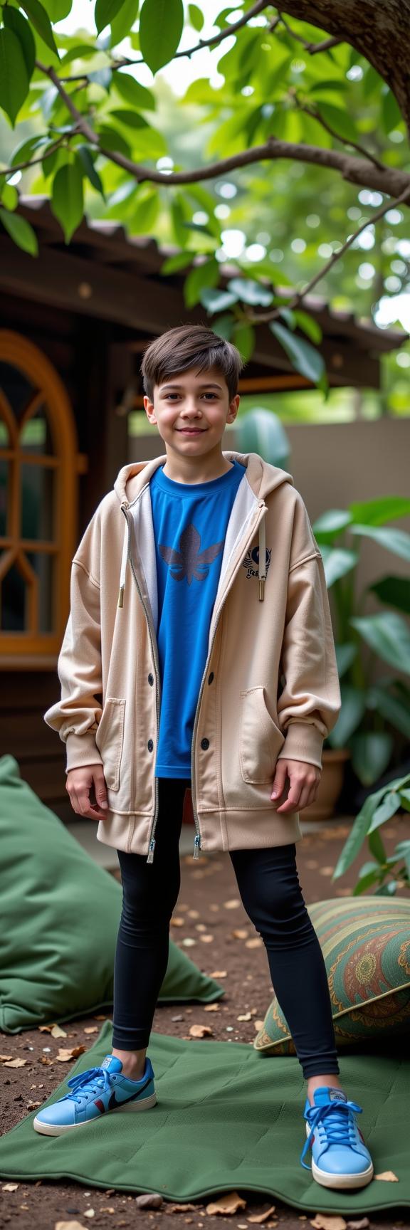 a flyweight young man as a cthulhu chorister with buzz cut hair In sequined attire,perfect for parties or performances ,dressed in beige hoodie,blue t shirt