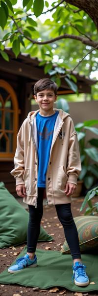 a flyweight young man as a cthulhu chorister with buzz cut hair In sequined attire,perfect for parties or performances ,dressed in beige hoodie,blue t shirt