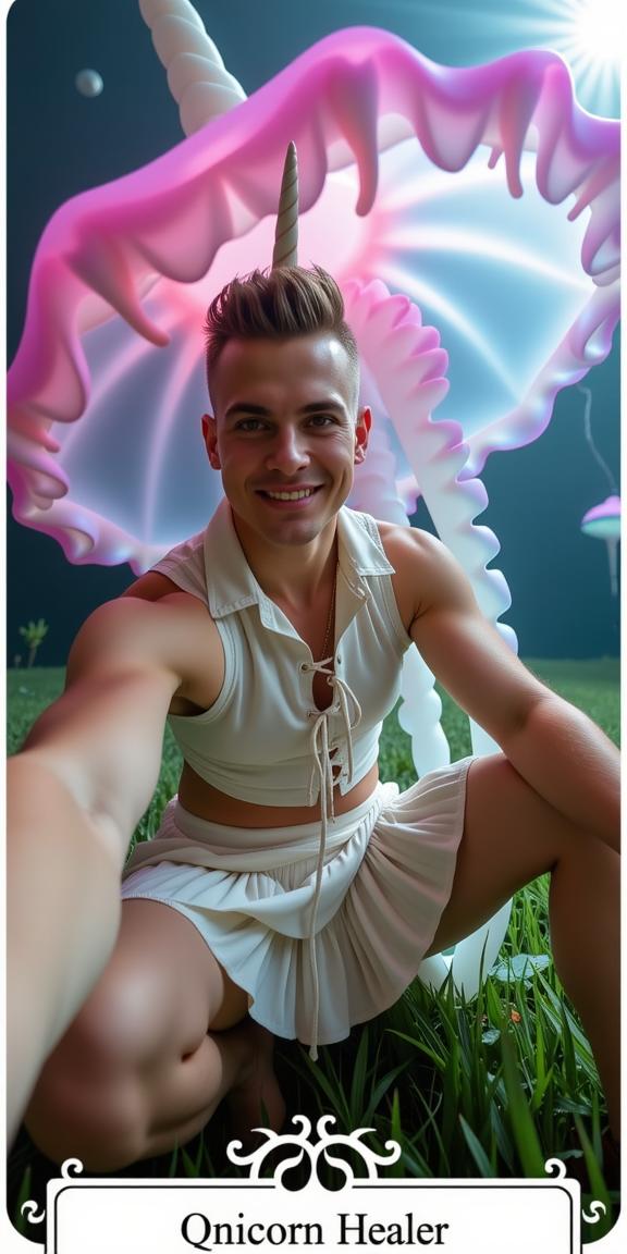 a slightly overweight man as a unicorn healer with quiff haircut Full body stance, mm slender legs showcased ,dressed in white crop top,lace up detail