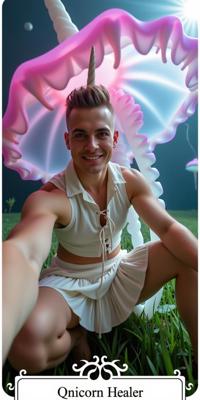 a slightly overweight man as a unicorn healer with quiff haircut Full body stance, mm slender legs showcased ,dressed in white crop top,lace up detail