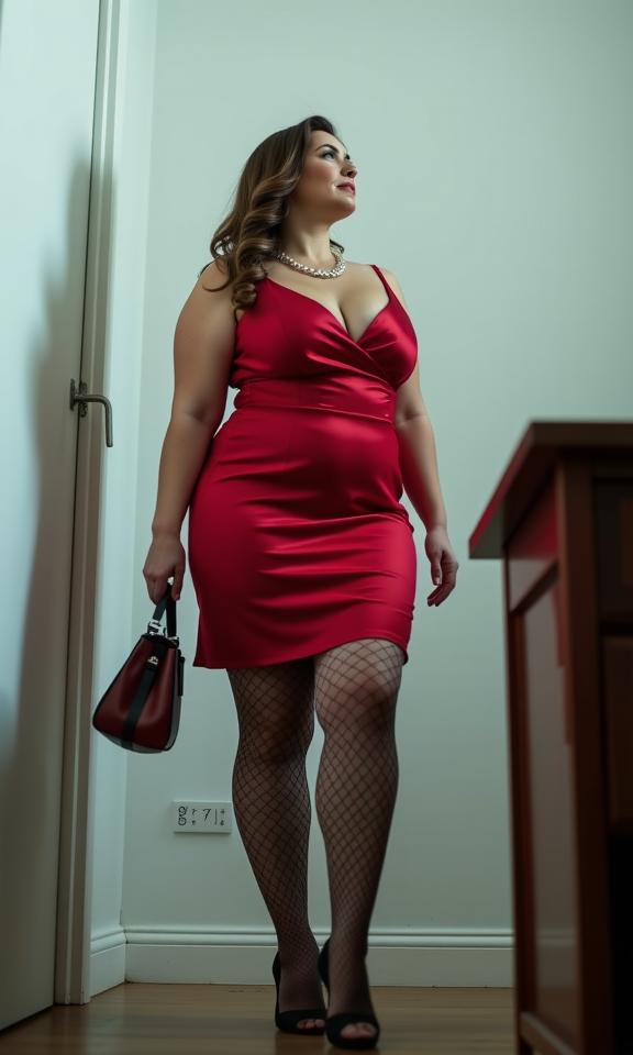high fashion photography of a burly woman as a mechanic with hair set up for wedding wearing fishnet stockings ,dressed in red dress,thin straps,v neckline