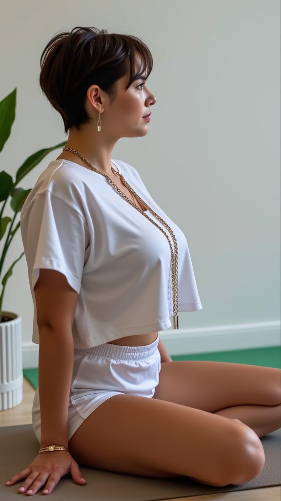 action photography of a stocky woman as an influencer with princess cut hair in layered necklaces,a blend of chains of varying lengths,creating depth and showcasing multiple pendants or charms,dressed in white cropped shirt