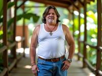 a stocky middle aged man as a nerd with long layers haircut Adorned in abundant jewelry,each piece showcasing unique style ,dressed in white tank top,blue denim shorts