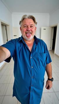 fashion photography,of a slightly overweight old man as a cyberdeck coder with wavy hair wearing a tongue ring ,dressed in blue dress,short sleeves
