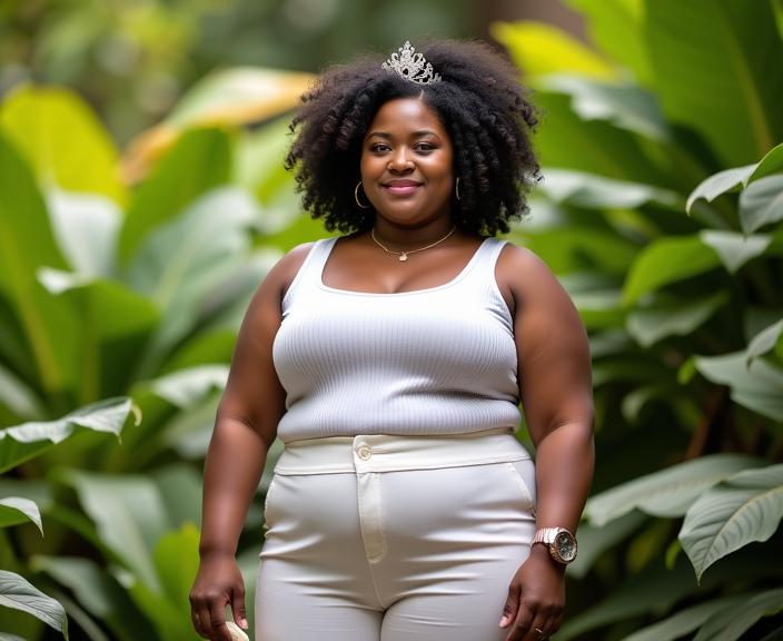 fashion photography,of a fat woman as a elemental geologist with Afro hair With a sparkling tiara,reminiscent of princesses or beauty queens ,dressed in white sleeveless top