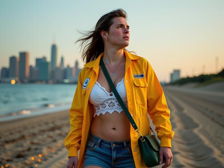 a slight middle aged man as a farmer with mullet hair Wearing a protective biohazard suit ,dressed in yellow lace up top,white lace bralette,blue denim shorts